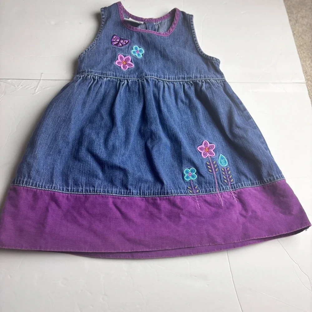 VINTAGE OshKosh Bgosh 3T‎ Denim Purple Corduroy Floral Embroidered Jumper Dress